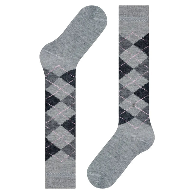 Burlington dameskniekousen Whitby KH 22319 in grijs met zwarte ruiten en roze stippellijnen. - Jambelles