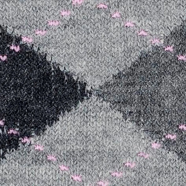 Burlington dameskniekousen Whitby KH 22319 in grijs met zwart ruitpatroon en roze stipdetails. - Jambelles