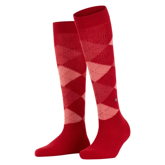Paar rode Burlington dameskniekousen Whitby KH 22319 met roze argyleruitpatroon en geribde boorden. - Jambelles