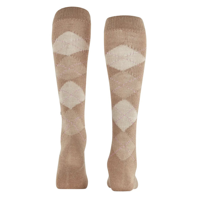 Burlington dameskniekousen Whitby KH 22319 in beige met crèmekleurig ruitpatroon en lichtroze lijnen. - Jambelles