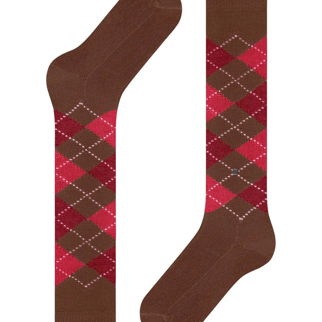 Burlington dameskniekousen Whitby 22319 in bruin met rood en roze argyle-ruitpatroon. - Jambelles