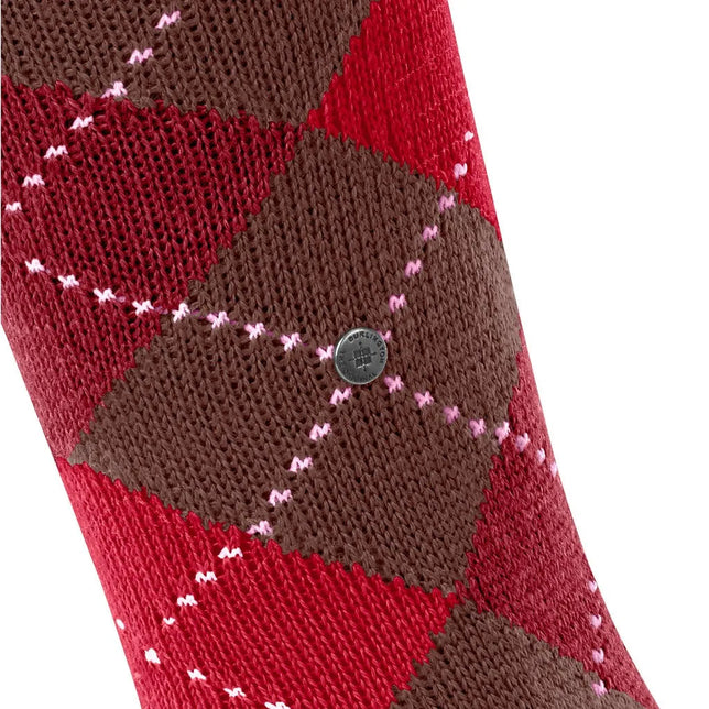 Burlington dames kniekous Whitby Kneehigh 22319 in rood-bruin met ruitpatroon, roze stiksels en metalen logo. - Jambelles