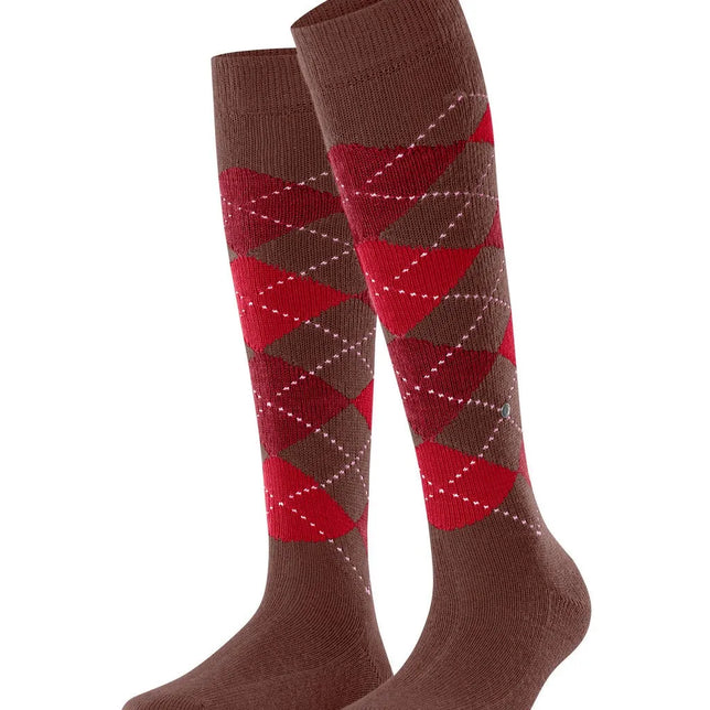Paar Burlington Whitby 22319 dameskniekousen in bruin met rood argylepatroon en lichtroze stippellijnen. - Jambelles