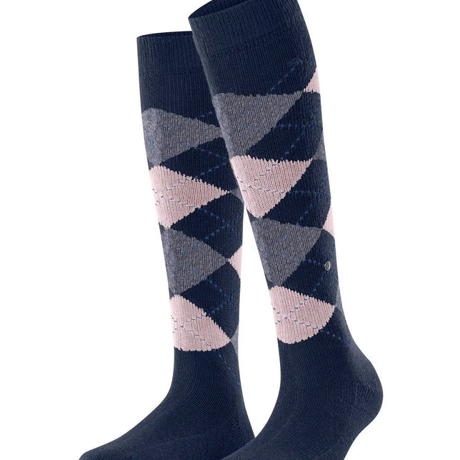 Burlington dameskniekousen Whitby 22319 in donkerblauw met grijs-roze ruitpatroon en metalen logoknoopje. - Jambelles