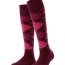 Burlington dameskniekous Whitby 22319 in bordeauxrood en roze met ruitpatroon en metalen logo-embleem - Jambelles