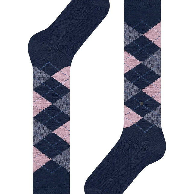 Burlington dameskniekousen Whitby 22319 in donkerblauw met roze-grijs argyle ruitpatroon. - Jambelles