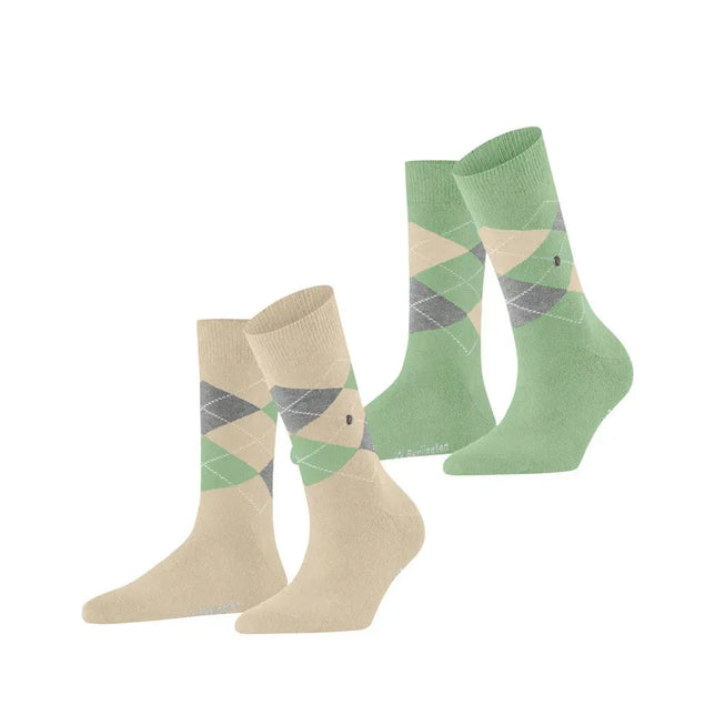 Burlington Everyday Argyle dameskousen 2-pack in beige en mintgroen met grijze en crèmekleurige ruiten. - Jambelles