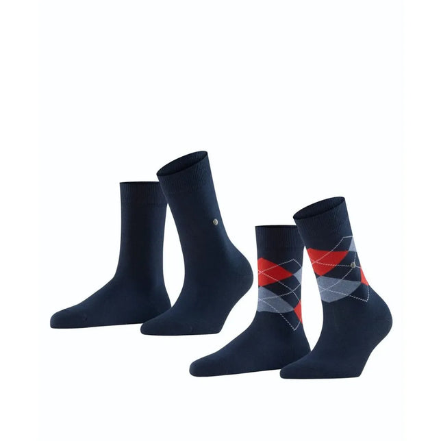 Burlington E.day Mix dames sokken 2-pack in donkerblauw, één effen paar en één paar met rood-grijs ruitpatroon. - Jambelles
