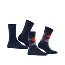 Burlington E.day Mix damessokken 2-pack in marineblauw, met effen sok en rood-lichtblauw ruitdessin en logoknoopjes - Jambelles