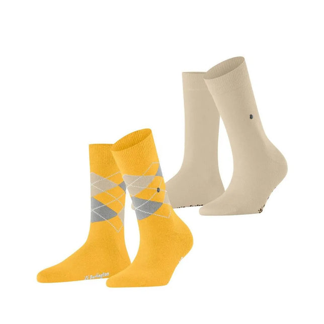 Burlington E.day Mix dames sokken 2-pack in okergeel met argyleruiten en effen beige met klein logo. - Jambelles