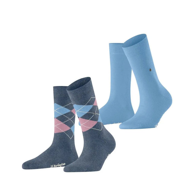 Burlington E.day Mix damessokken, 2-pack in licht- en donkerblauw met effen paar en roze-blauw ruitpatroon. - Jambelles