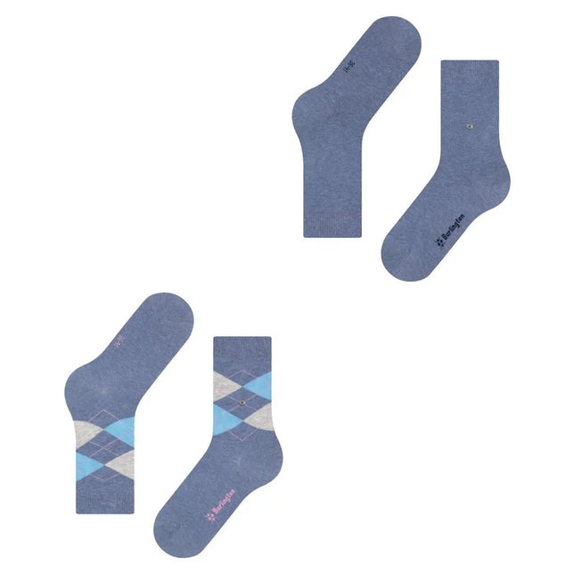 Burlington E.day Mix dames sokken 2-pack in blauw, met een effen paar en een paar met grijs-blauw ruitpatroon. - Jambelles