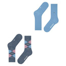 Burlington E.day Mix damessokken 2-pack in marineblauw, met effen sok en rood-lichtblauw ruitdessin en logoknoopjes - Jambelles