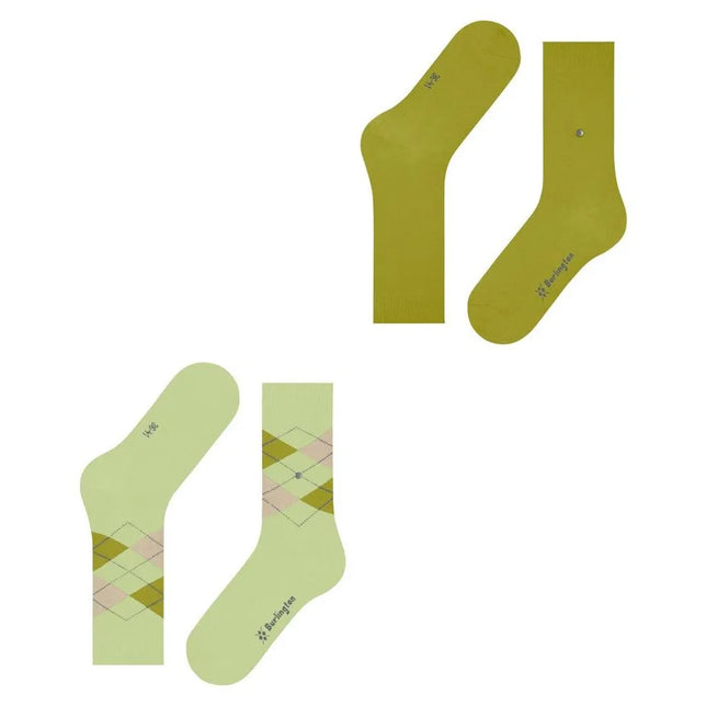 Burlington E.day Mix dames sokken 2-pack in olijf- en lichtgroen, effen en met ruitpatroon en logo. - Jambelles