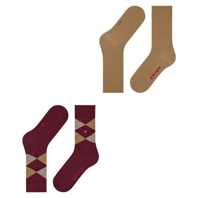 Burlington E.day Mix damessokken 2-pack in camel en bordeaux, effen en met beige-camelkleurig ruitpatroon. - Jambelles