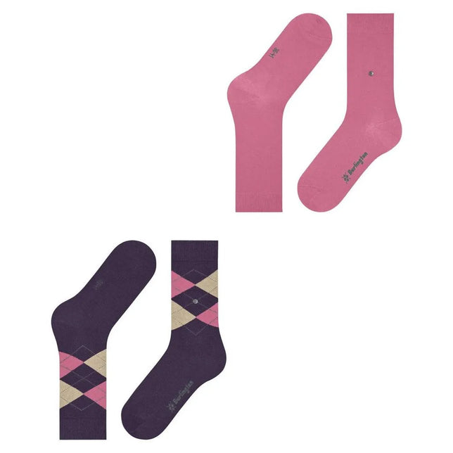 Burlington dames sokken E.day Mix 2-pack, effen roze en donkerpaars met roze-beige ruitpatroon. - Jambelles