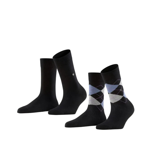 Burlington E.day Mix damessokken, 2 paar in zwart: effen en met blauw-grijs ruitpatroon. - Jambelles