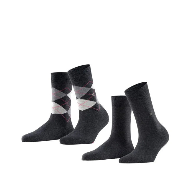 Burlington E.day Mix dames sokken 2-pack in donkergrijs, met effen paar en ruitpatroon in grijs, wit en roze. - Jambelles