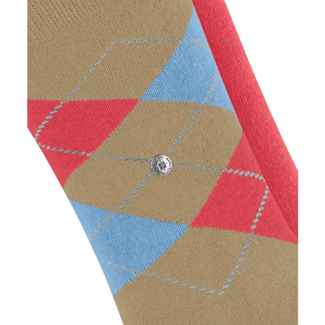 Burlington damessok E.day Mix SO 2P in beige met rood-blauw ruitpatroon en metalen logoknoop. - Jambelles