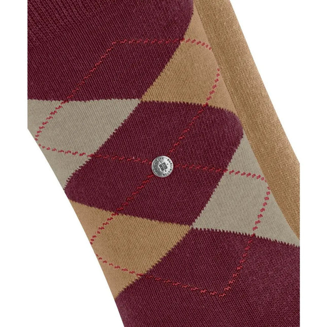 Burlington E.day Mix 2P damessokken in bordeaux en beige met ruitpatroon, sierstiksels en metalen logo-embleem. - Jambelles