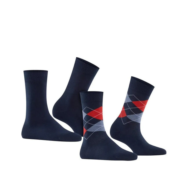 Burlington E.day Mix dames sokken, 2-pack in donkerblauw: effen paar en paar met rood-grijs ruitpatroon. - Jambelles