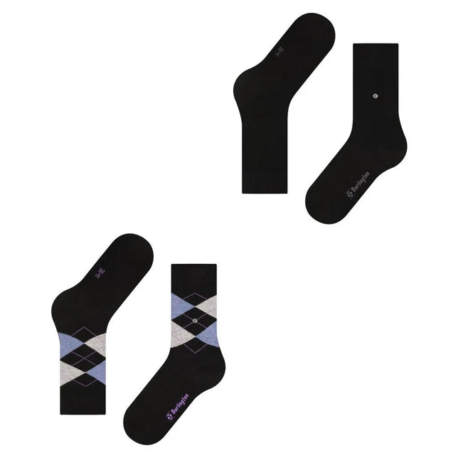 Burlington E.day Mix damessokken, 2-pack zwart met één effen paar en één paar met blauw-grijs ruitpatroon. - Jambelles