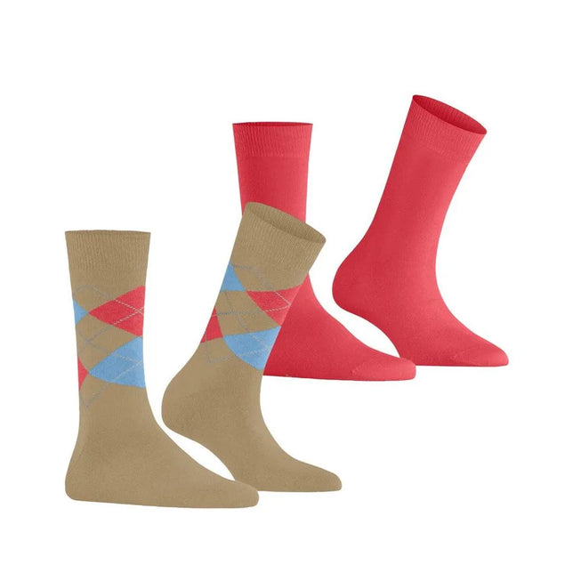 Burlington dames sokken E.day Mix 2-pack in beige met rood-blauw ruitpatroon en effen koraalrood. - Jambelles