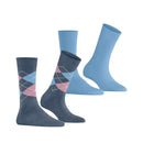 Burlington E.day Mix damessokken 2-pack in marineblauw, met effen sok en rood-lichtblauw ruitdessin en logoknoopjes - Jambelles