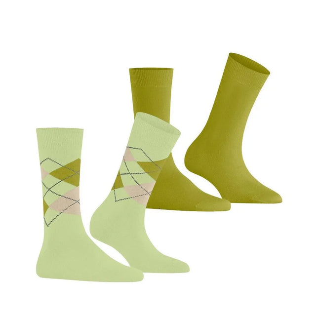 Burlington E.day Mix dames sokken, 2-pack in licht- en olijfgroen met effen sokken en een klassiek ruitdessin. - Jambelles