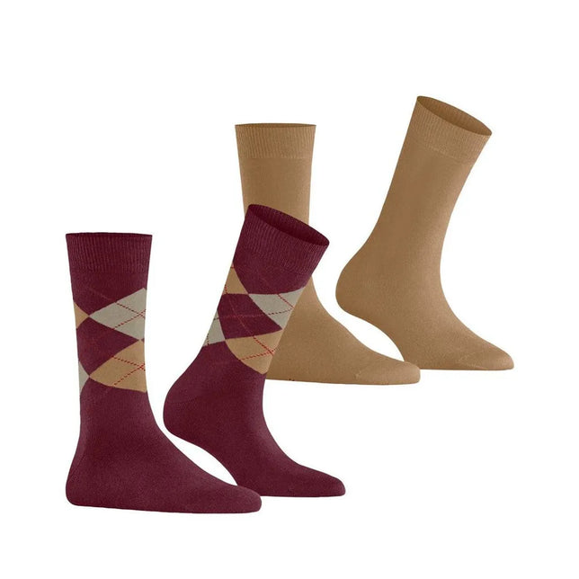 Burlington E.day Mix SO 2P damesokken, bordeaux met ruitpatroon en effen camelbruin. - Jambelles