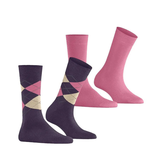 Burlington E.day Mix SO 2P 22044 damessokken: twee paar in roze en paars, effen en met beige-roze ruitdessin. - Jambelles