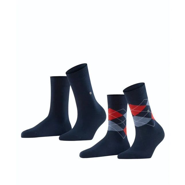 Burlington E.day Mix dames sokken 2-pack in donkerblauw, met effen paar en rood-grijs ruitpatroon. - Jambelles