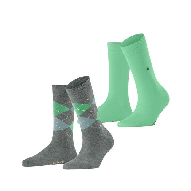 Burlington dames sokken E.day Mix SO 2P, grijs met groen-blauw ruitpatroon en effen mintgroen. - Jambelles