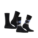 Burlington E.day Mix damessokken 2-pack in marineblauw, met effen sok en rood-lichtblauw ruitdessin en logoknoopjes - Jambelles