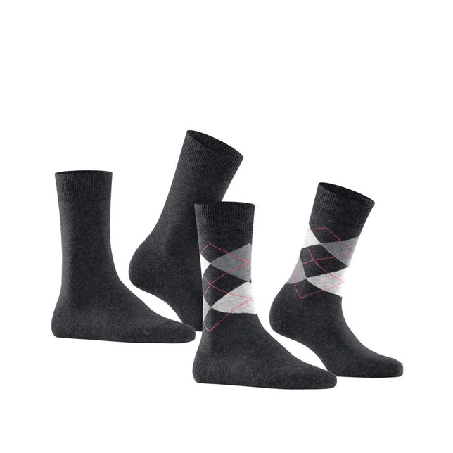 Burlington E.day Mix damessokken 2-pack in donkergrijs, met effen paar en grijs-wit-roze ruitdessin. - Jambelles