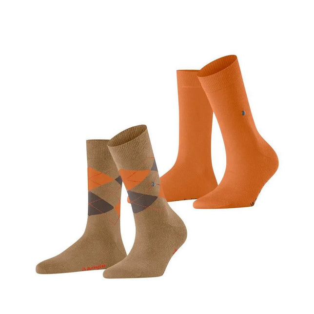 Burlington E.day Mix 2-pack damessokken in oranje en taupe, met effen en geruit argyle-design. - Jambelles