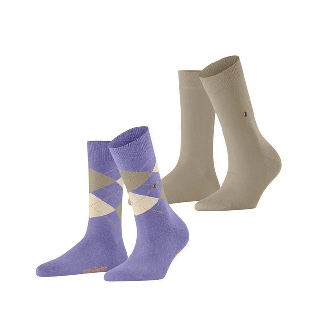Burlington E.day Mix dames sokken 2-pack in lila met beige ruiten en effen taupe, beide met klein logo. - Jambelles