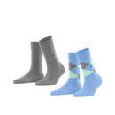 Burlington E.day Mix damessokken 2-pack in marineblauw, met effen sok en rood-lichtblauw ruitdessin en logoknoopjes - Jambelles
