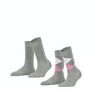 Burlington E.day Mix damessokken 2-pack in marineblauw, met effen sok en rood-lichtblauw ruitdessin en logoknoopjes - Jambelles