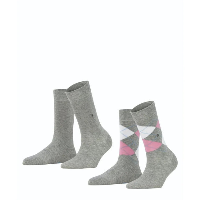 Burlington E.day Mix damessokken, grijze 2-pack met effen paar en paar met roze-wit argylepatroon. - Jambelles