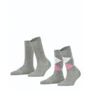 Burlington E.day Mix damessokken 2-pack in marineblauw, met effen sok en rood-lichtblauw ruitdessin en logoknoopjes - Jambelles