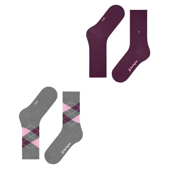 Burlington dames sokken E.day Mix 2-pack, effen bordeaux en grijs met roze-paars argylepatroon. - Jambelles