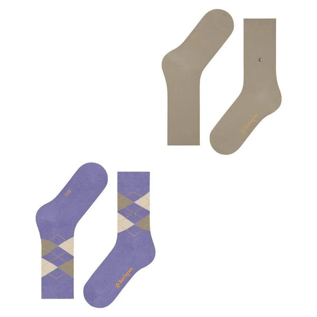 Burlington dames sokken E.day Mix 2P: effen taupe paar en paars paar met beige-taupe ruitpatroon en logo. - Jambelles