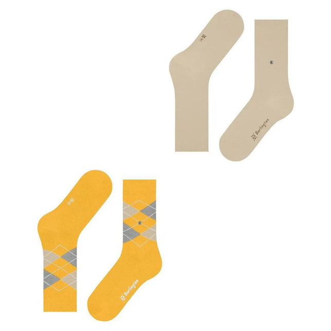 Burlington dames sokken E.day Mix 2-pack in beige en geel, effen en met grijs-beige ruitdessin en logo. - Jambelles