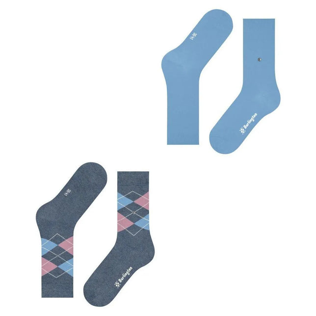 Burlington E.day Mix 2-pack damessokken: effen lichtblauw en donkerblauw met roze-lichtblauw ruitpatroon. - Jambelles