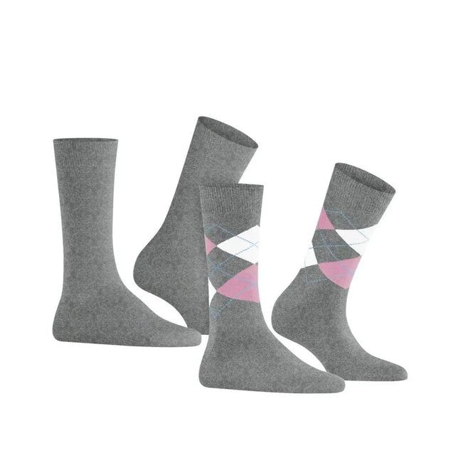 Burlington E.day Mix damessokken in grijs, 2-pack met een effen paar en een paar met roze-wit ruitpatroon en blauwe lijnen. - Jambelles