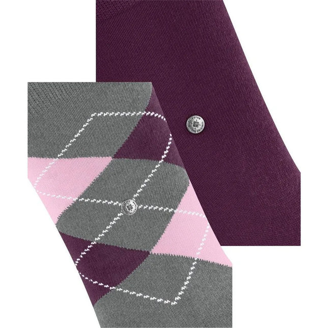Burlington E.day Mix dames sokken in paars, 2-pack met effen sok en grijs-roze ruitdessin met logoknoop. - Jambelles