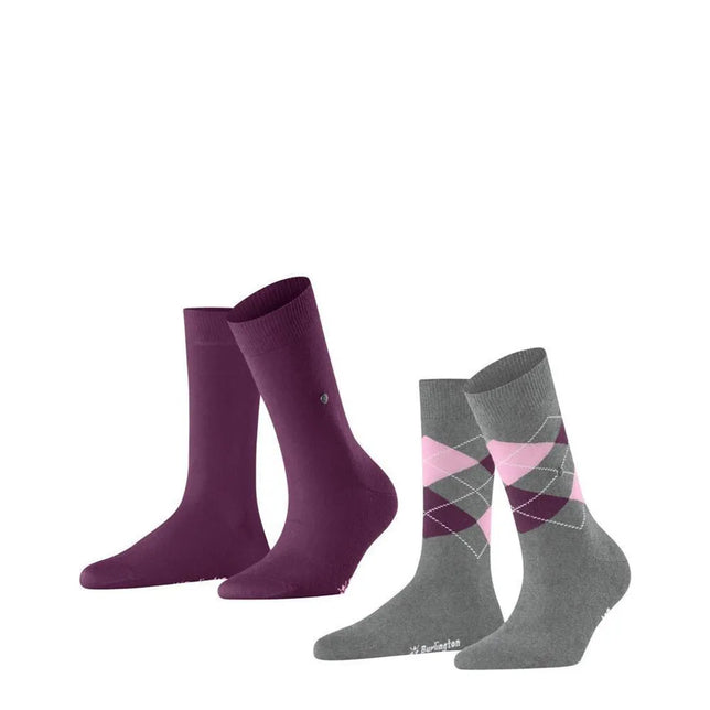 Burlington E.day Mix damessokken 2-pack met effen paarse sokken en grijze sokken met roze-paars ruitpatroon. - Jambelles
