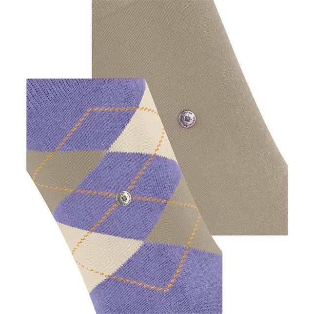 Burlington E.day Mix dames sokken, 2-pack met effen taupe sok en lila-taupe ruitdessin met crème en oranje stiksel. - Jambelles