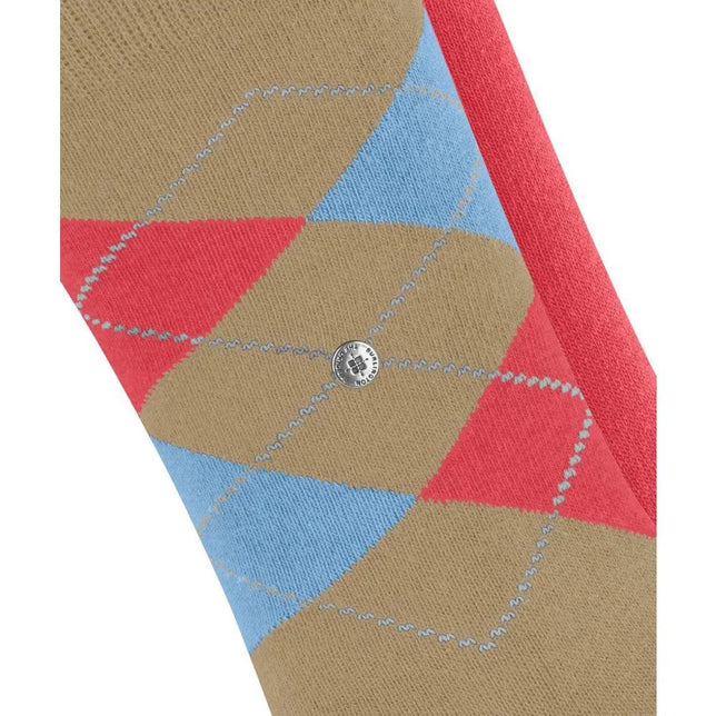 Burlington E.day Mix SO 2P 22044 damessokken in beige met rood-lichtblauw ruitpatroon en zilverkleurig logoknopje. - Jambelles